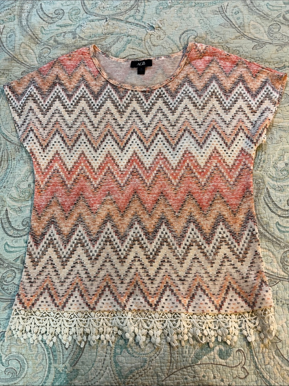 AGB Chevron Zigzag Short Sleeve Top in Coral, Cream and Tan
